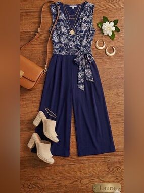 Sleeveless Navy Floral-Print Tie-Waist Cropped Jumpsuit